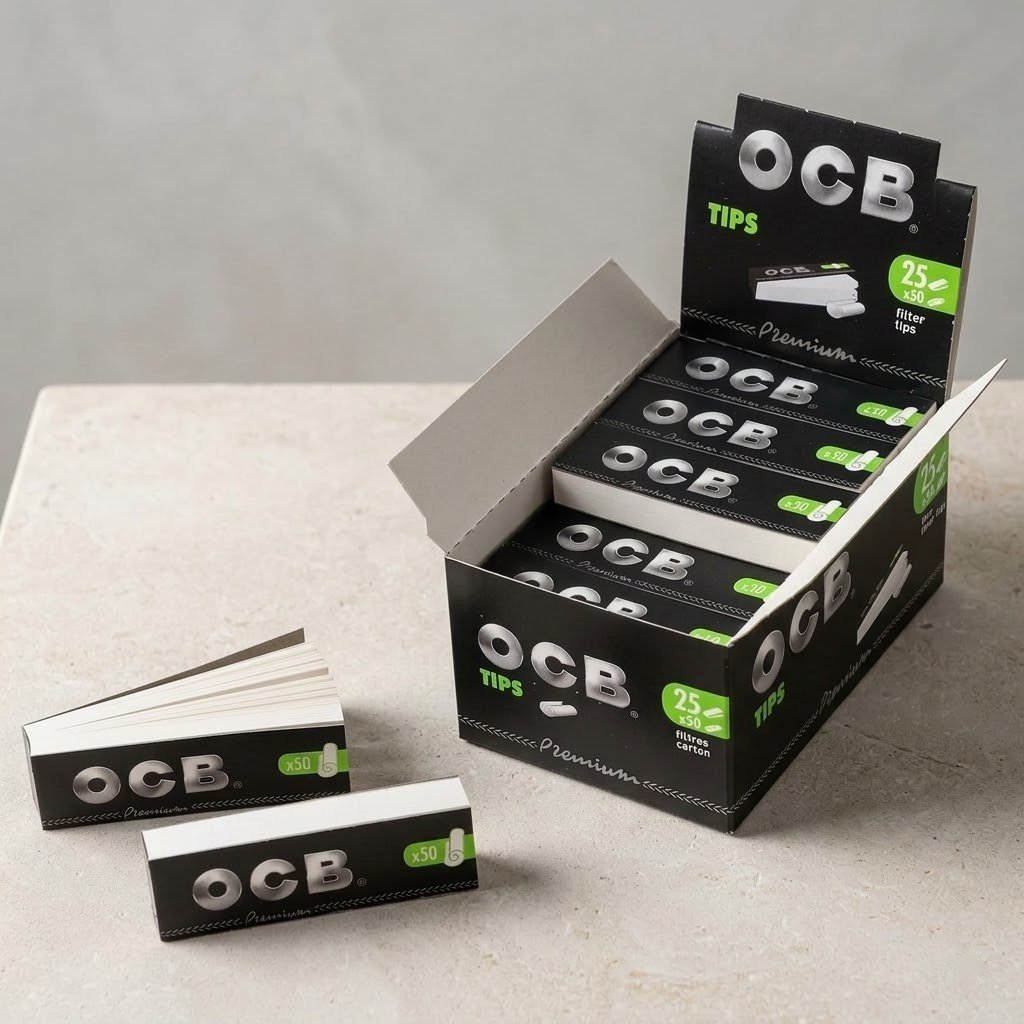 Filtros OCB Tips Premium x50: caja exhibidora y librillos sobre piedra clara