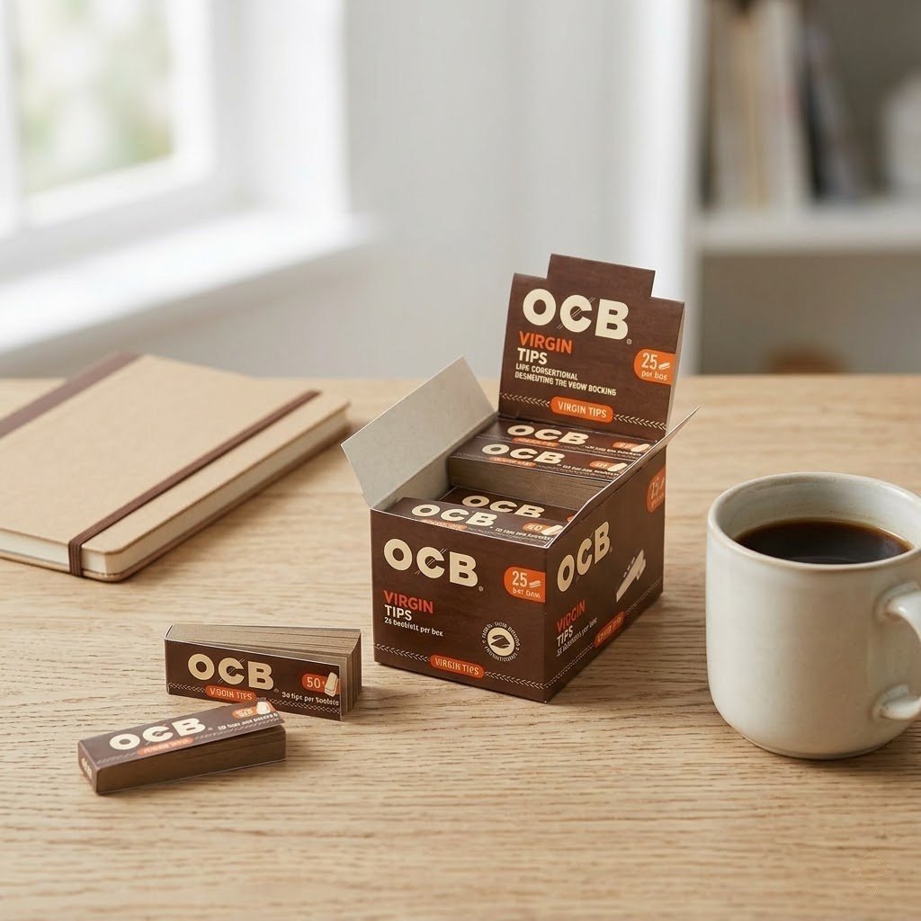 Filtros OCB Tips Virgin x50: caja exhibidora y librillos sobre una mesa de madera junto a un café
