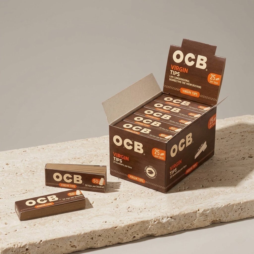 Filtros OCB Tips Virgin x50: caja exhibidora y librillos sobre piedra clara