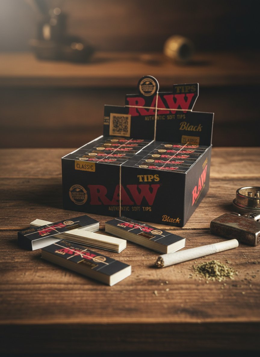Filtros RAW Black Tips Classic: caja exhibidora y librillos sobre una mesa de madera oscura