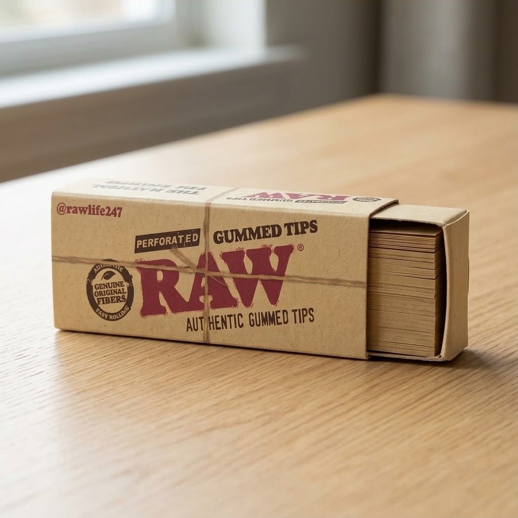 Filtros RAW Tips Gummed en su caja sobre una mesa de madera