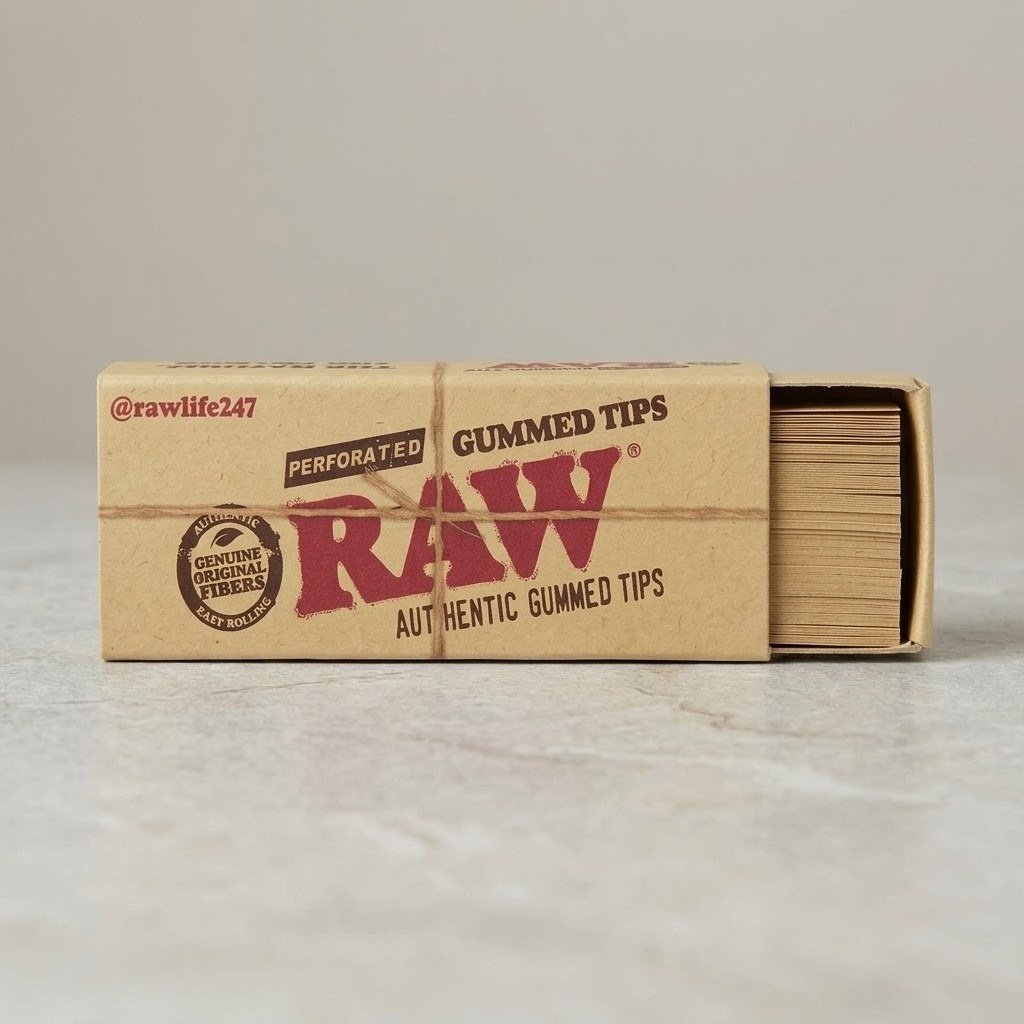 Filtros RAW Tips Gummed en su caja sobre piedra clara