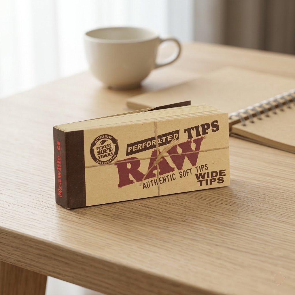 Filtros RAW Tips Perforados sobre una mesa de madera junto a una taza de café