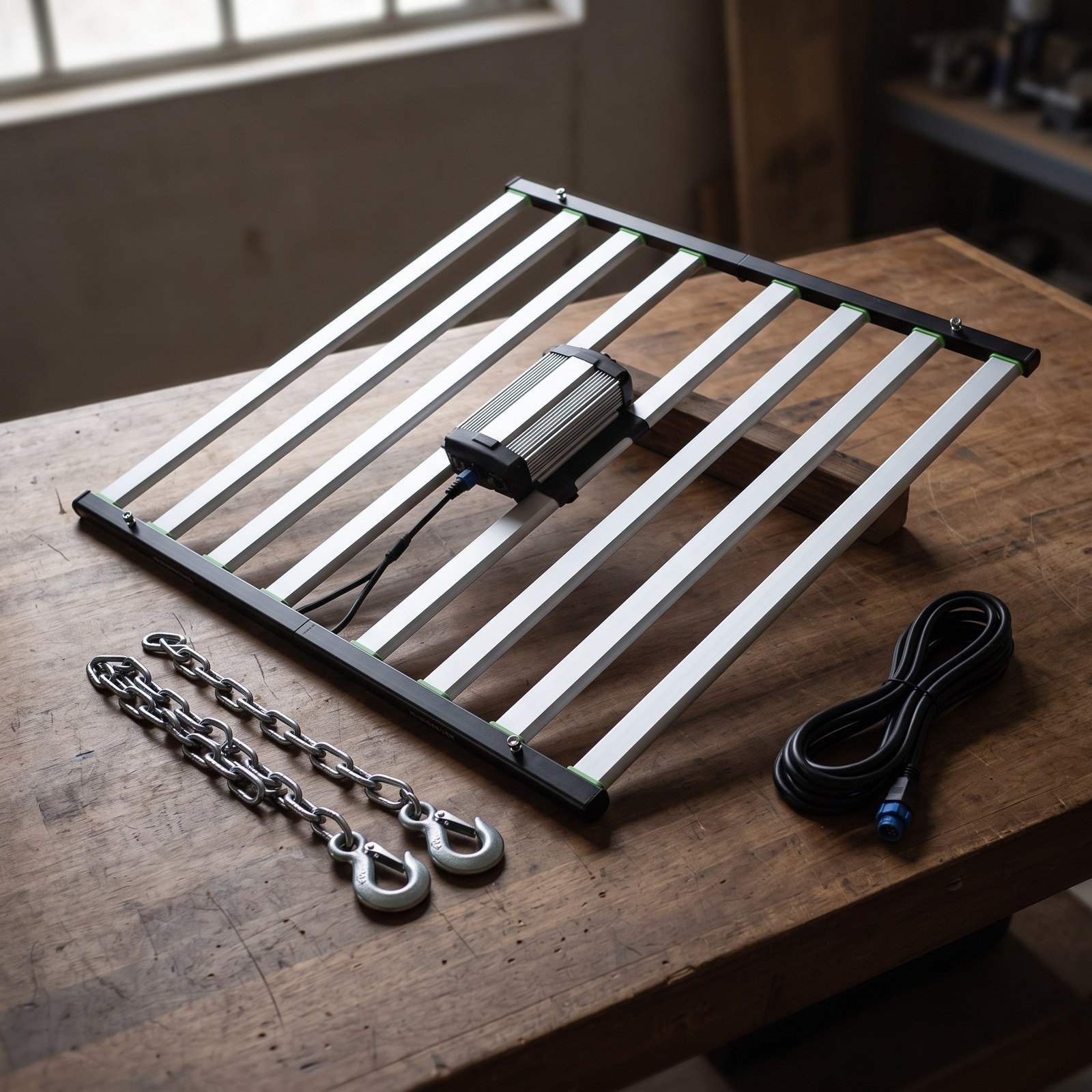 Flex Star 720 W plegada sobre una mesa de trabajo con cadenas y cables