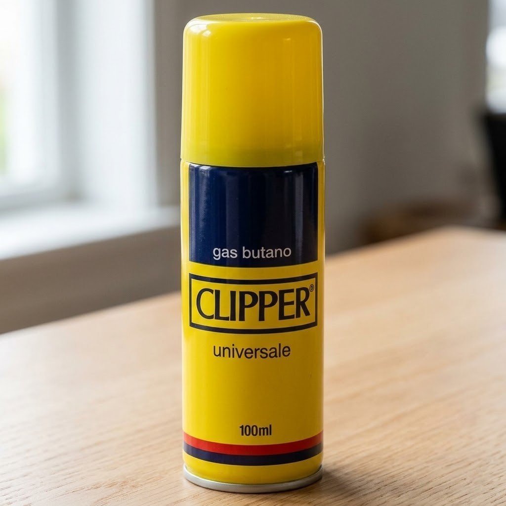 Gas Clipper 100 ml: lata de 100 ml sobre una mesa de madera junto a una ventana
