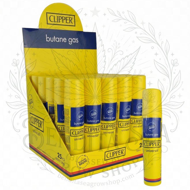 Gas Clipper 16 ml: caja exhibidora y lata, sobre fondo blanco