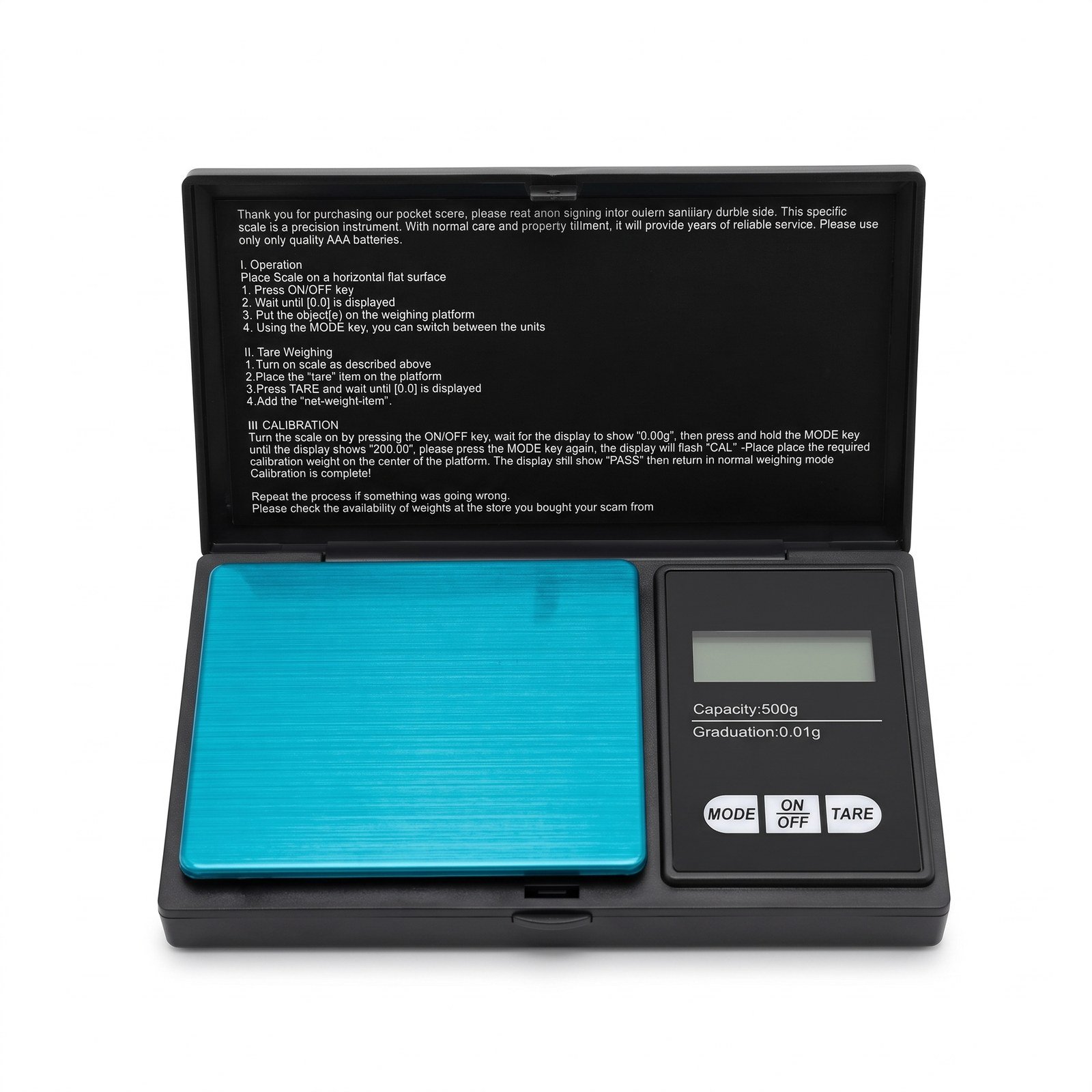 Gramera digital de 500 gramos con plataforma azul sobre fondo blanco