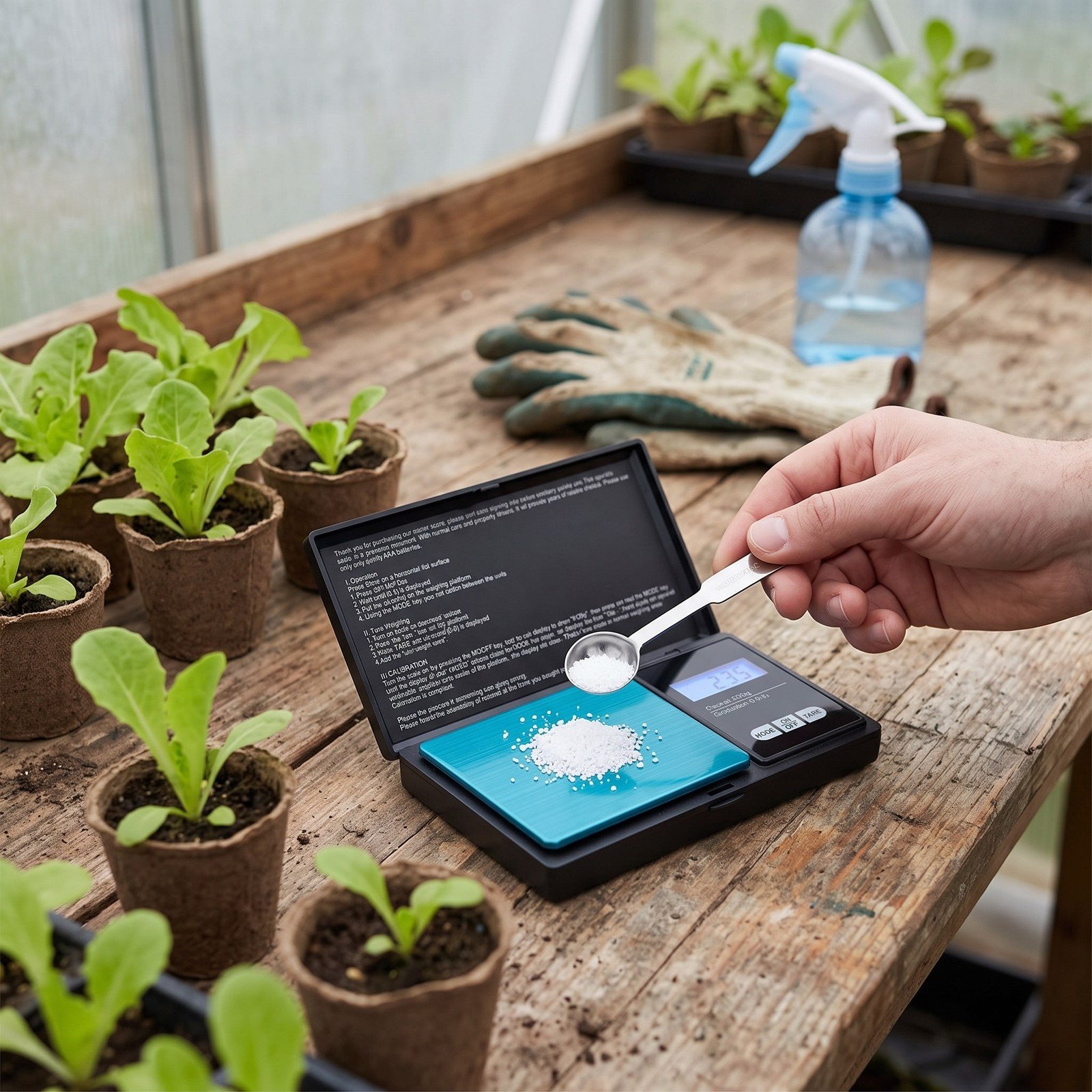 Gramera digital de 500 gramos sobre una mesa de cultivo