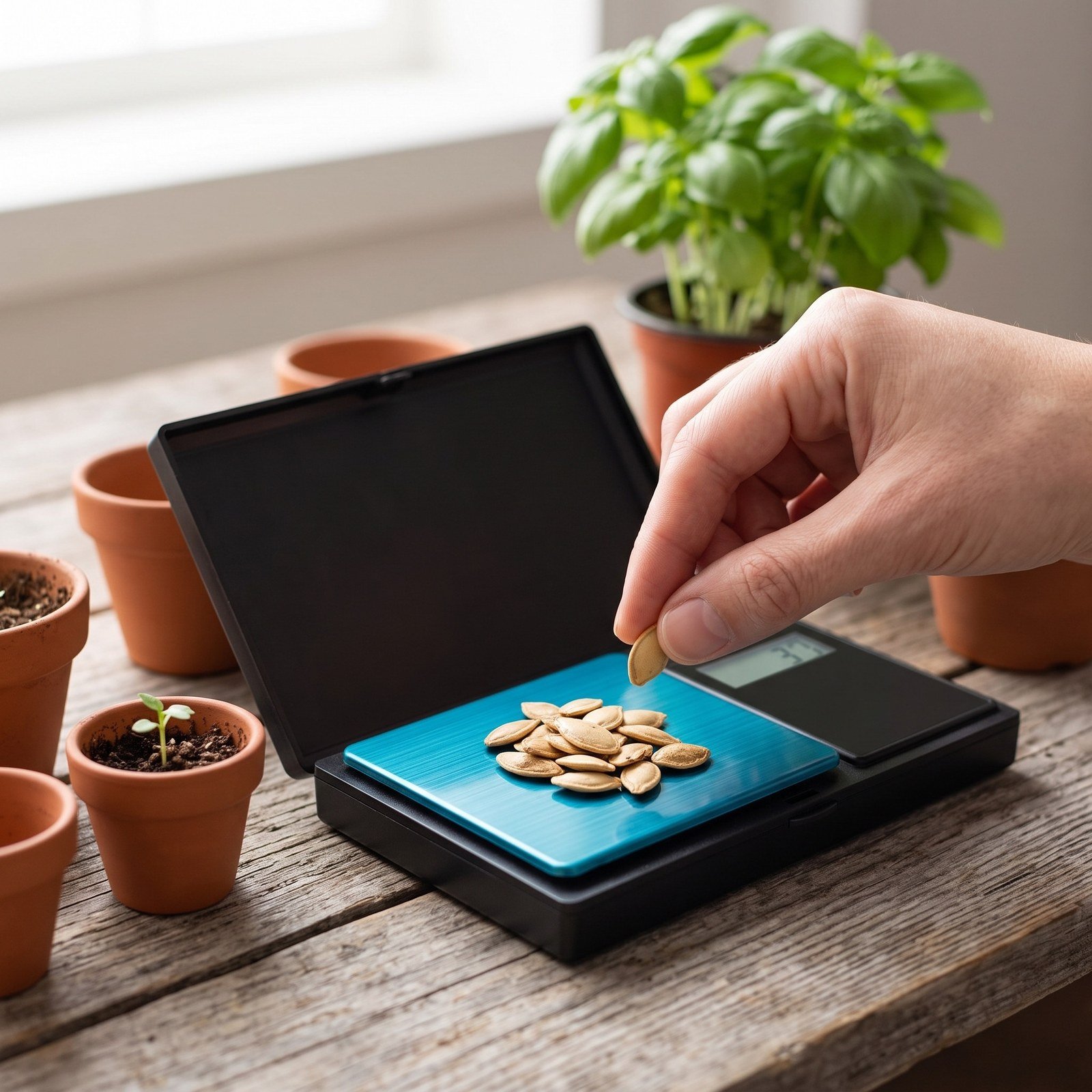 Gramera digital pesando semillas sobre una mesa de madera junto a materas