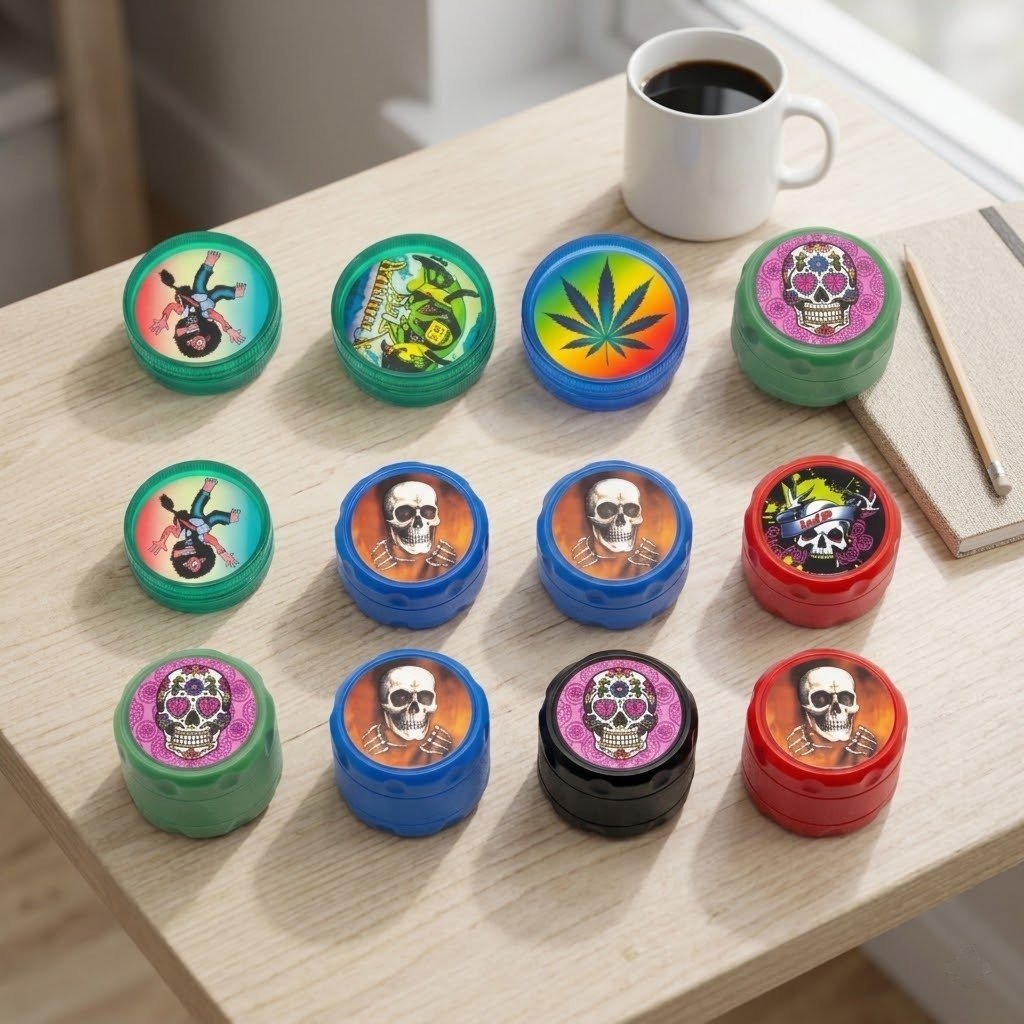 Grinder Mini Plástico: grinders con estampados sobre una mesa de madera