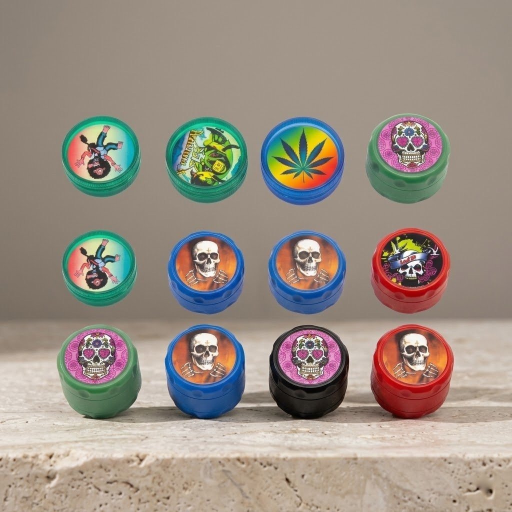 Grinder Mini Plástico: grinders con estampados sobre piedra clara