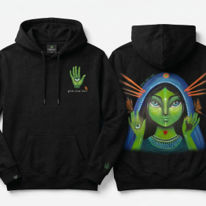 Hoodie negro unisex estampado talla M con diseño psicodélico frente y espalda.