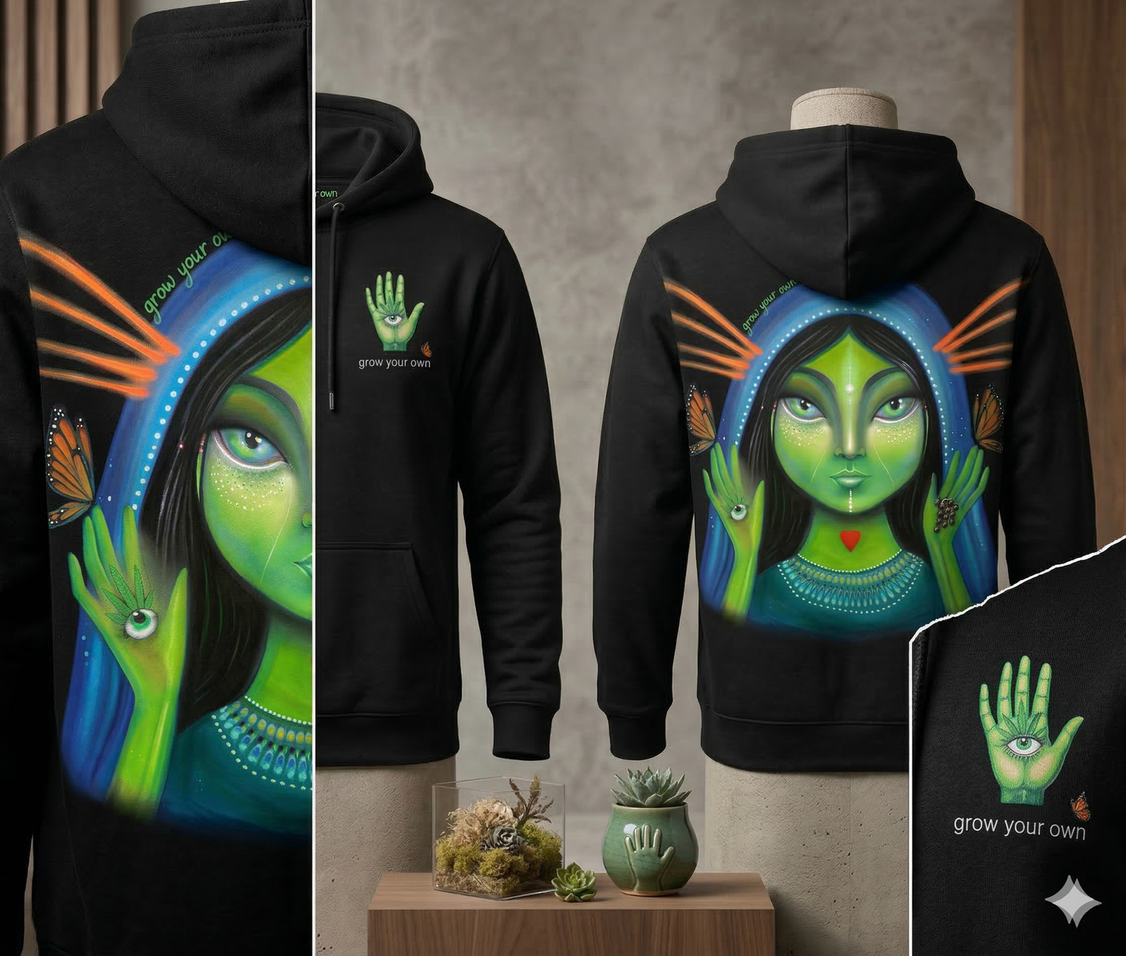Detalle de ilustración psicodélica mística en la espalda del hoodie negro unisex estampado.