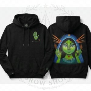 Hoodie Negro Estampado Bendita Sea: frente y espalda del hoodie negro con la marca de agua de Bendita Sea