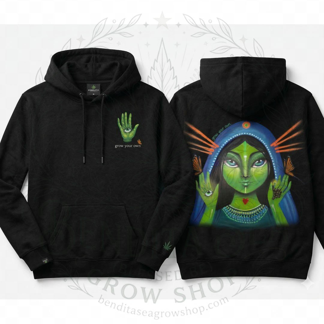 Hoodie Negro Estampado Bendita Sea: frente y espalda del hoodie negro con la marca de agua de Bendita Sea