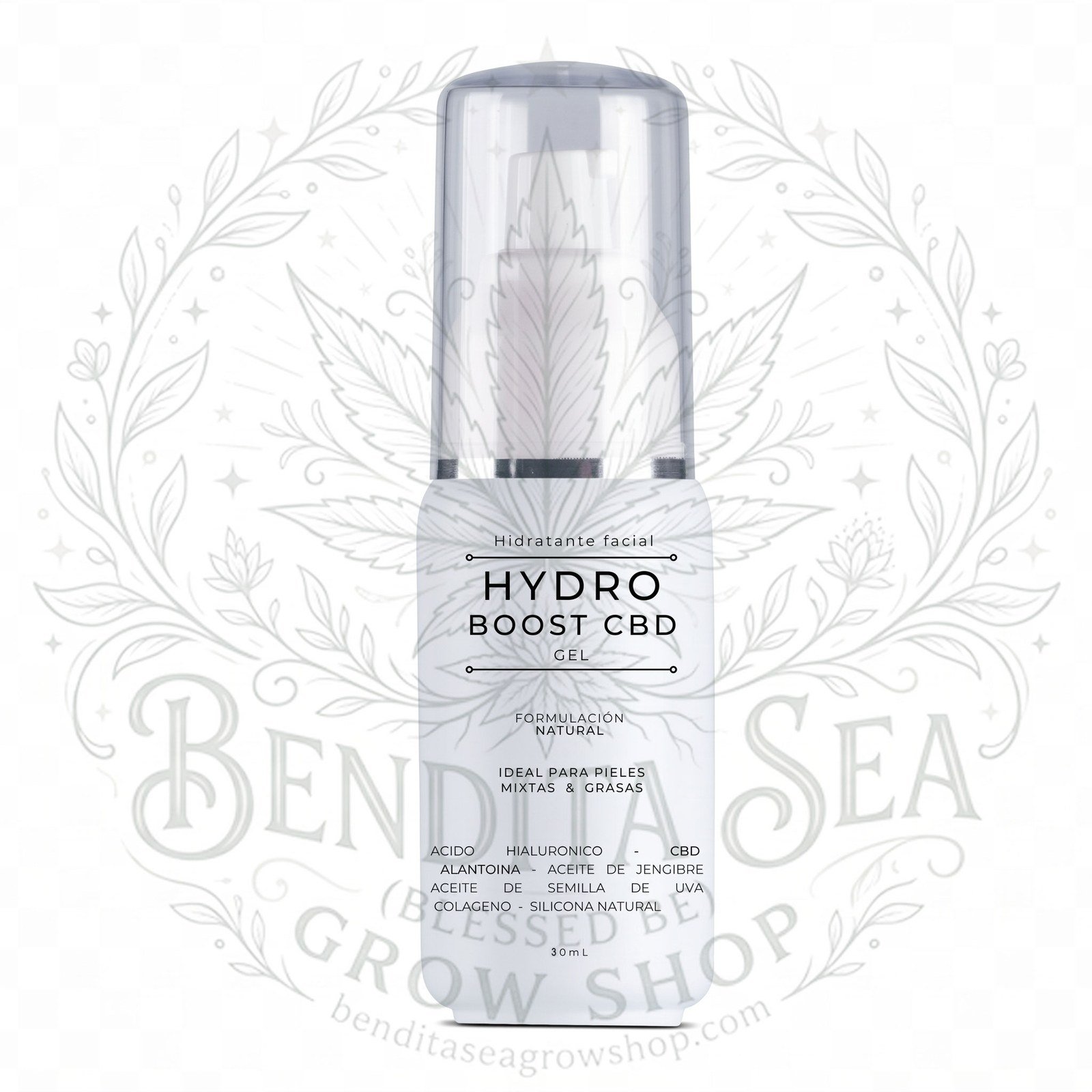 Hydro Boost CBD Gel 30ml: frasco de 30 ml con dosificador, sobre fondo blanco