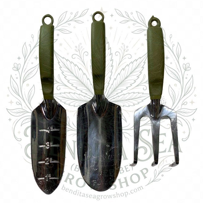 Juego de jardinería en aluminio de 3 piezas con pala graduada, trasplantadora y cultivador