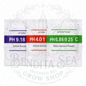 Kit de tres sobres de buffer de calibración pH 4.01, 6.86 y 9.18, vista de frente
