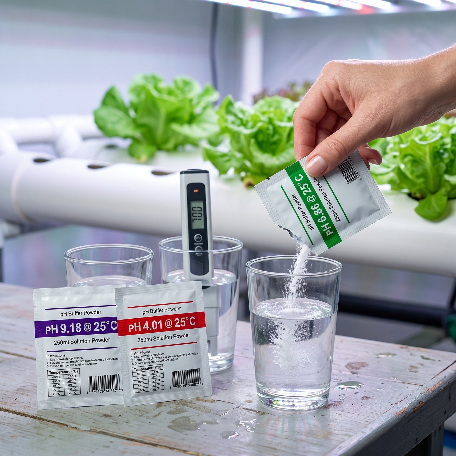 Medidor de pH calibrándose en la solución del kit de buffers