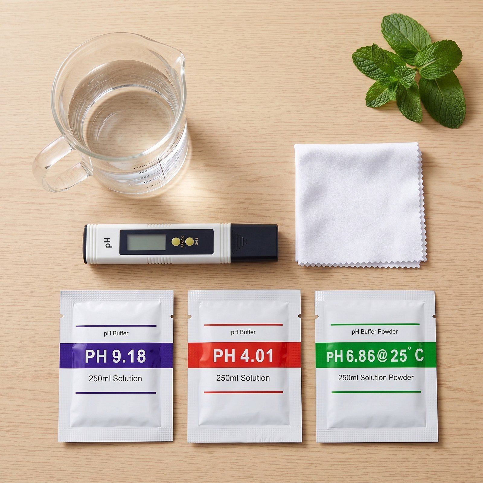 Los tres sobres del kit de buffers sobre una mesa de cultivo