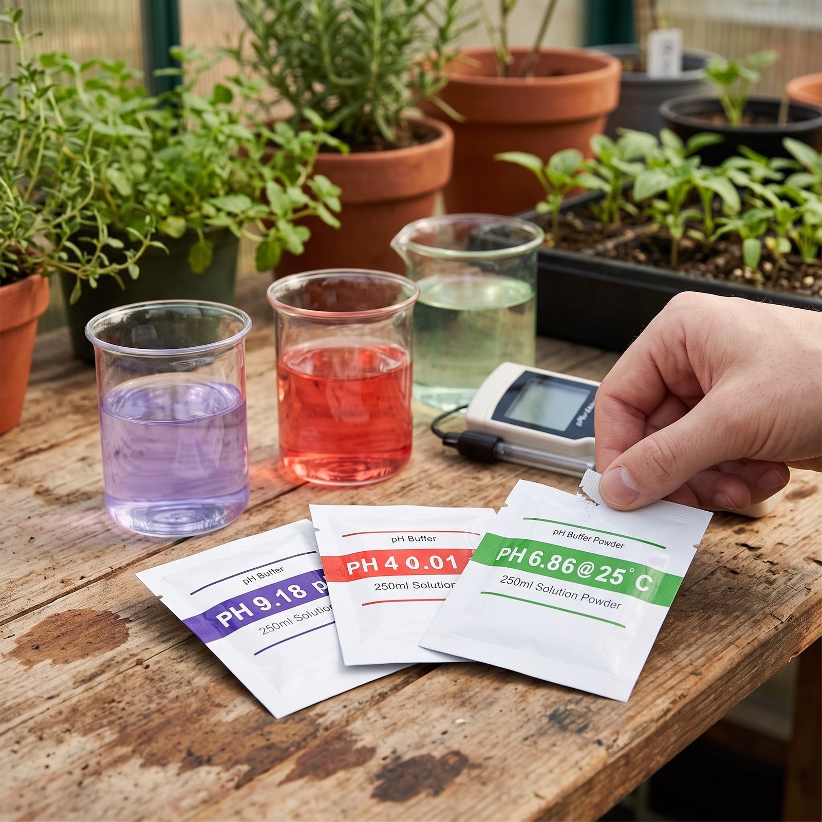 Kit de buffers de pH junto a vasos con las tres soluciones y un medidor
