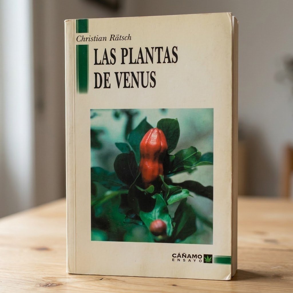 Libro Las Plantas de Venus de Christian Rätsch de pie sobre una mesa de madera clara