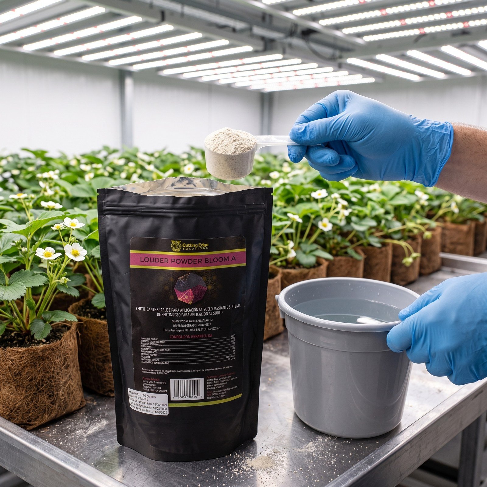 Bolsa de Louder Powder Bloom A sobre una mesa de cultivo
