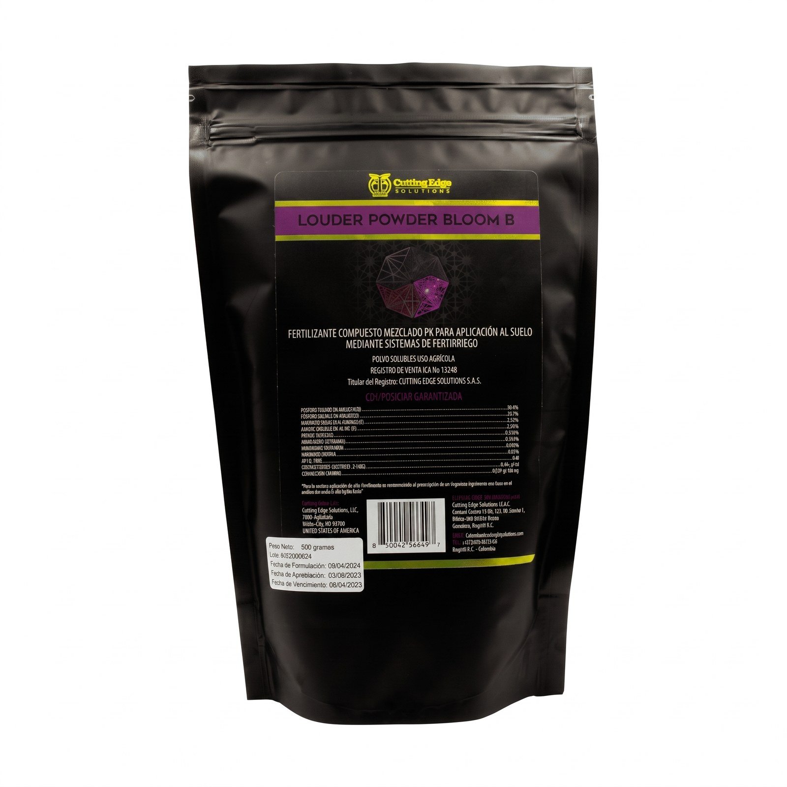 Bolsa negra de Louder Powder Bloom B 500 g sobre fondo blanco