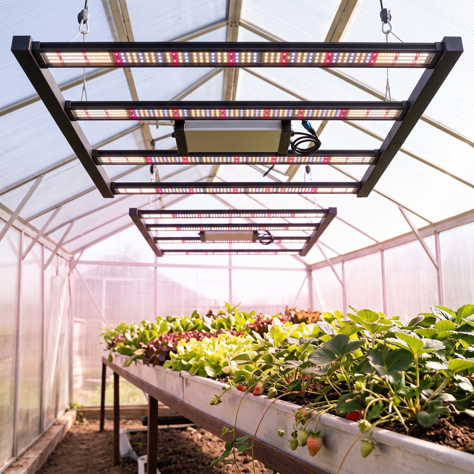 Lámpara LED de barras 320 W colgada en un invernadero sobre lechugas