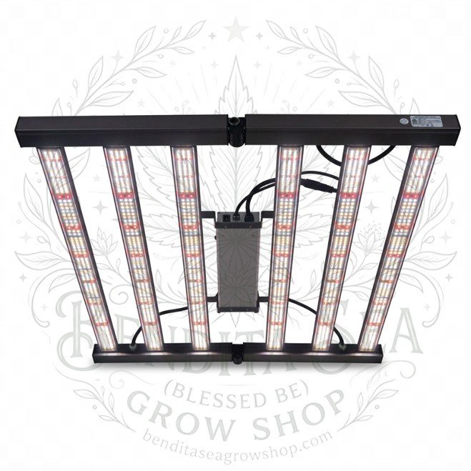 Lámpara LED Spectrum de 480 W con barras de diodos y driver central sobre fondo blanco
