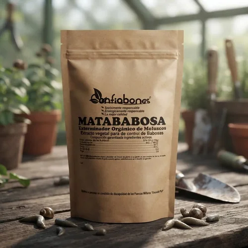 Envase de matababosa orgánico Confiabonos sobre mesa de madera rodeado de babosas