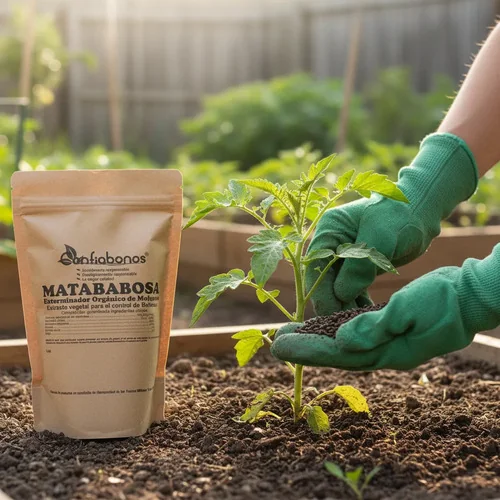 Matababosa orgánico Confiabonos junto a una planta de tomate en huerto elevado