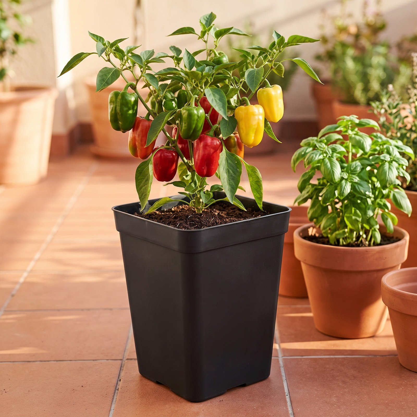 Matera cuadrada de 20 litros negra con una planta de tomate en una terraza