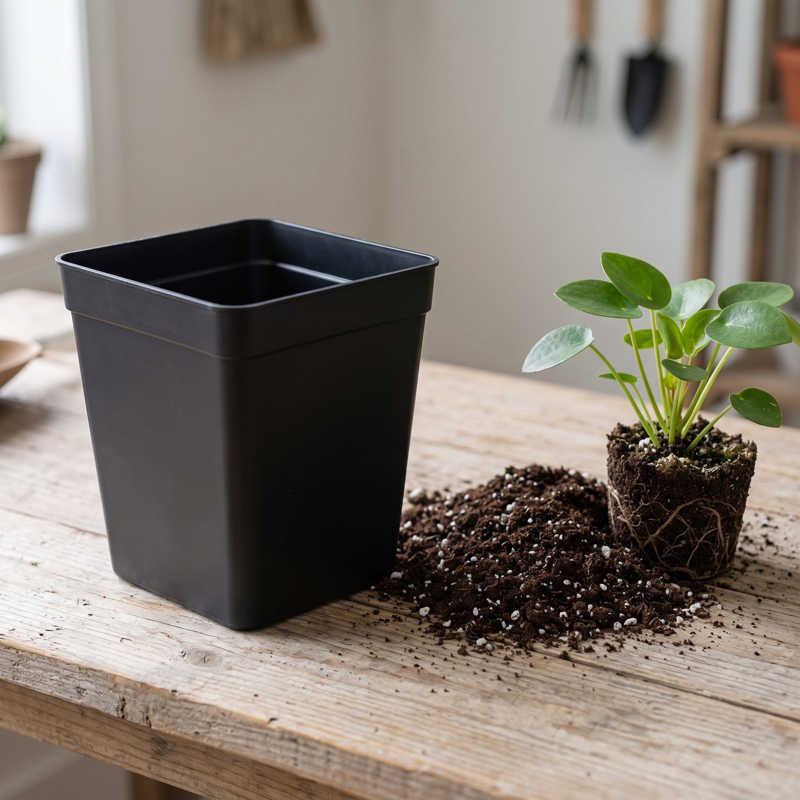 Matera cuadrada pequeña negra sobre una mesa de madera junto a una plántula recién sacada