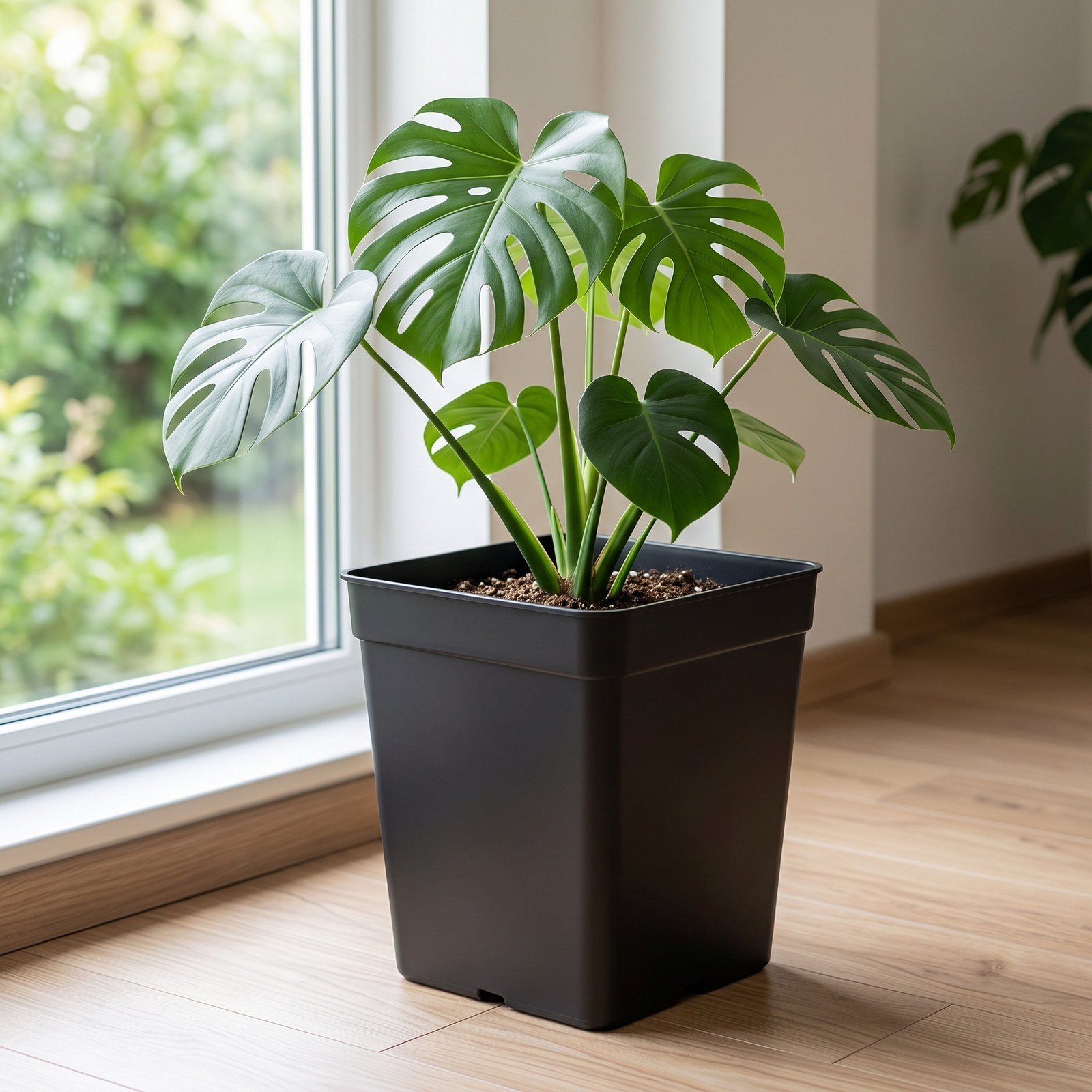 Planta joven en una matera cuadrada pequeña negra junto a una ventana