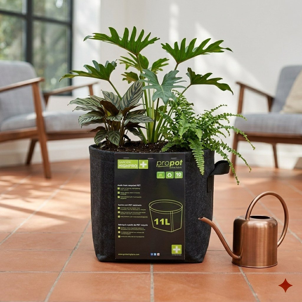Manos sembrando una planta en una matera geotextil de 11 litros