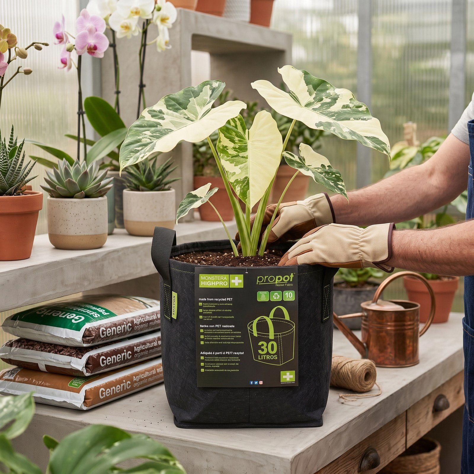 Matera geotextil 30 litros con una alocasia variegada junto a bultos de sustrato