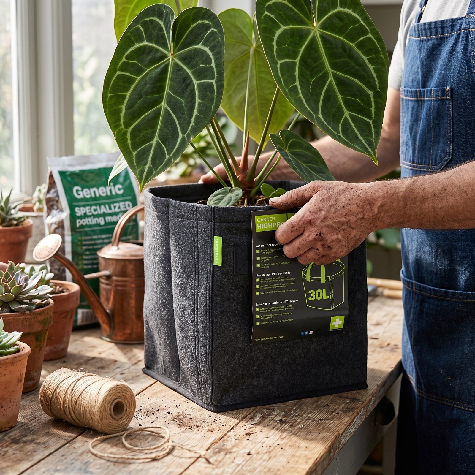Jardinero sembrando una anturio en una matera geotextil de 30 litros