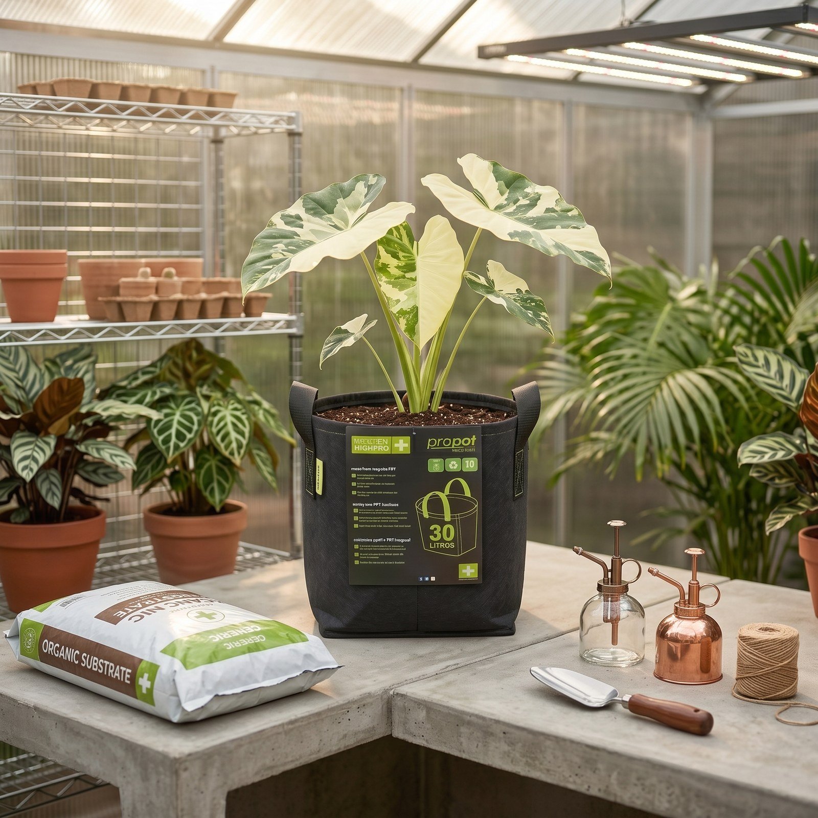 Matera geotextil de 30 litros con una alocasia dentro de un invernadero