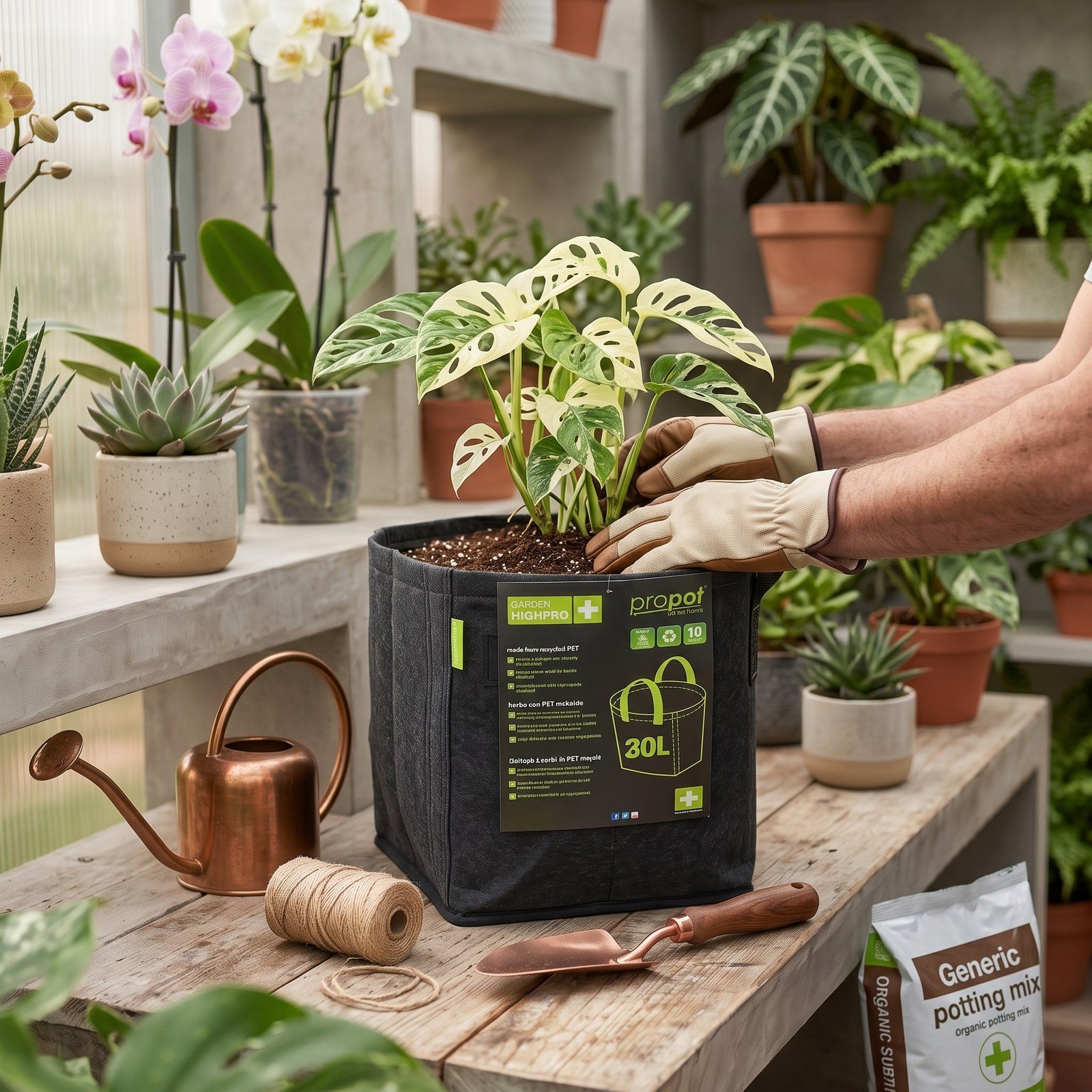 Matera geotextil 30 litros con una monstera variegada sobre una mesa de trabajo