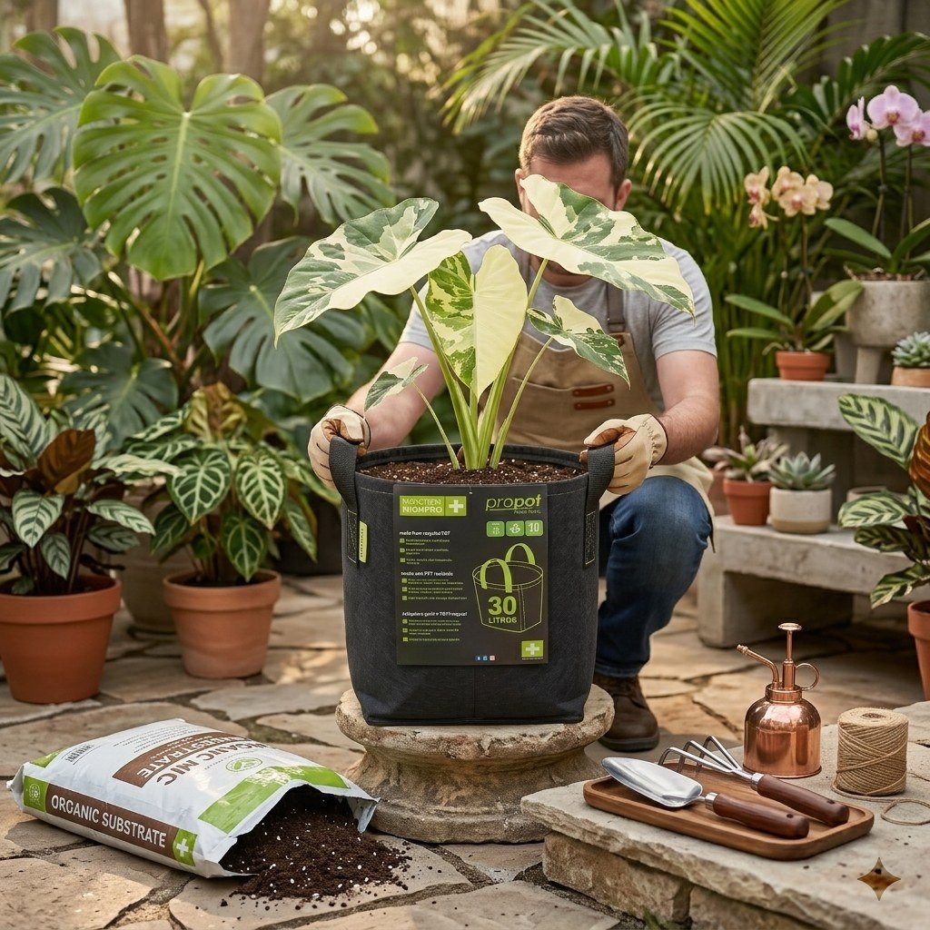 Hombre acomodando una planta grande en una matera geotextil de 30 litros