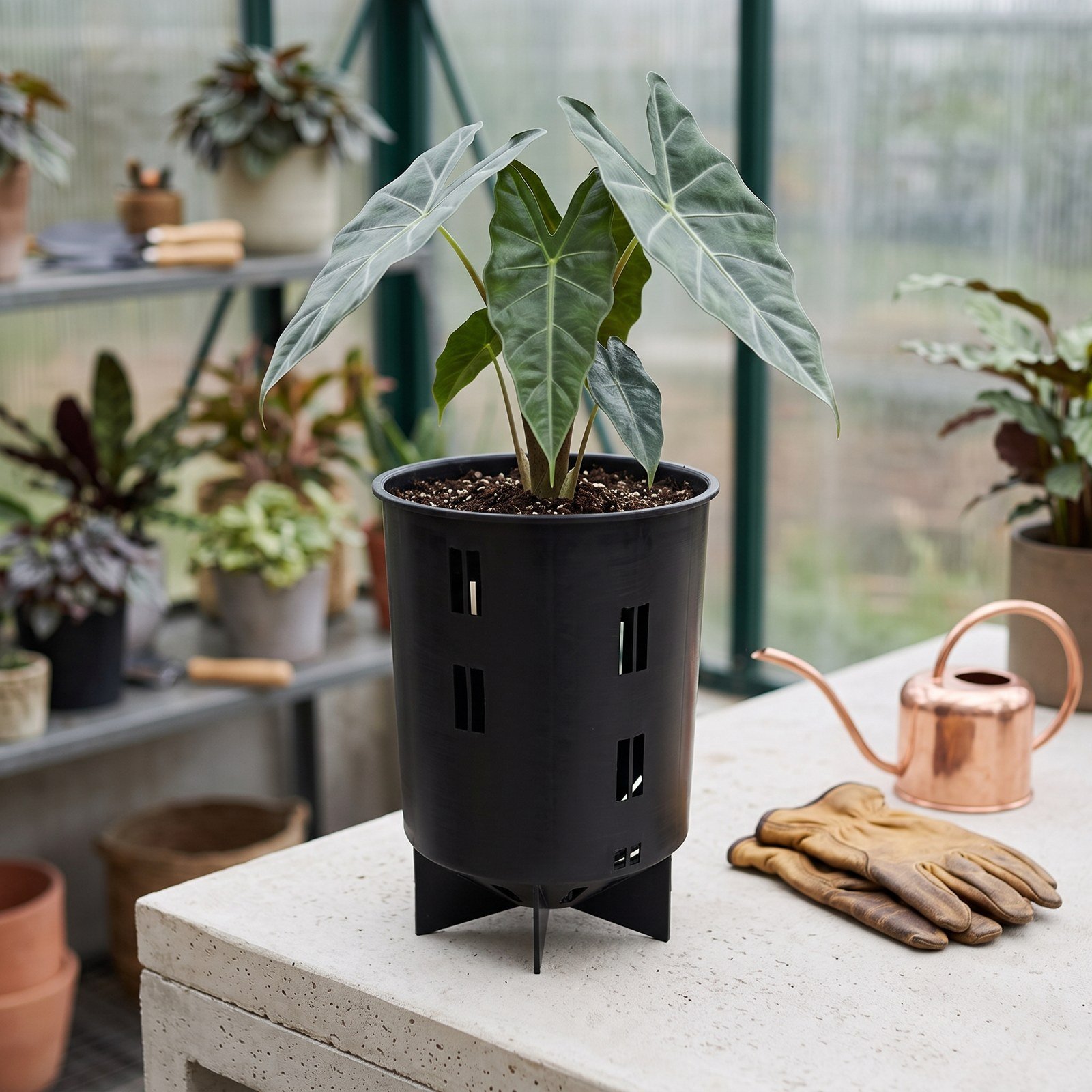 Matera Mad Rocket negra de 16 litros con una planta sobre una mesa de trabajo