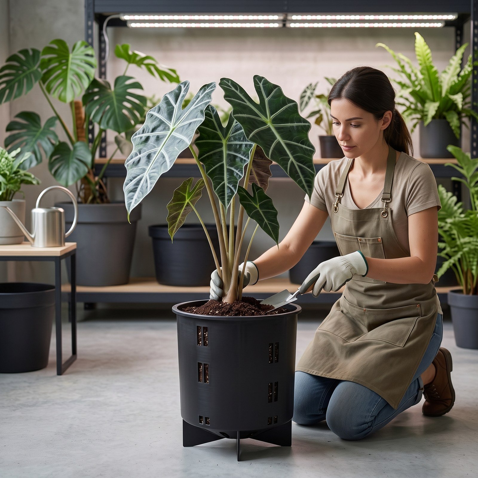 Jardinero trasplantando una planta a una matera Mad Rocket negra de 16 litros