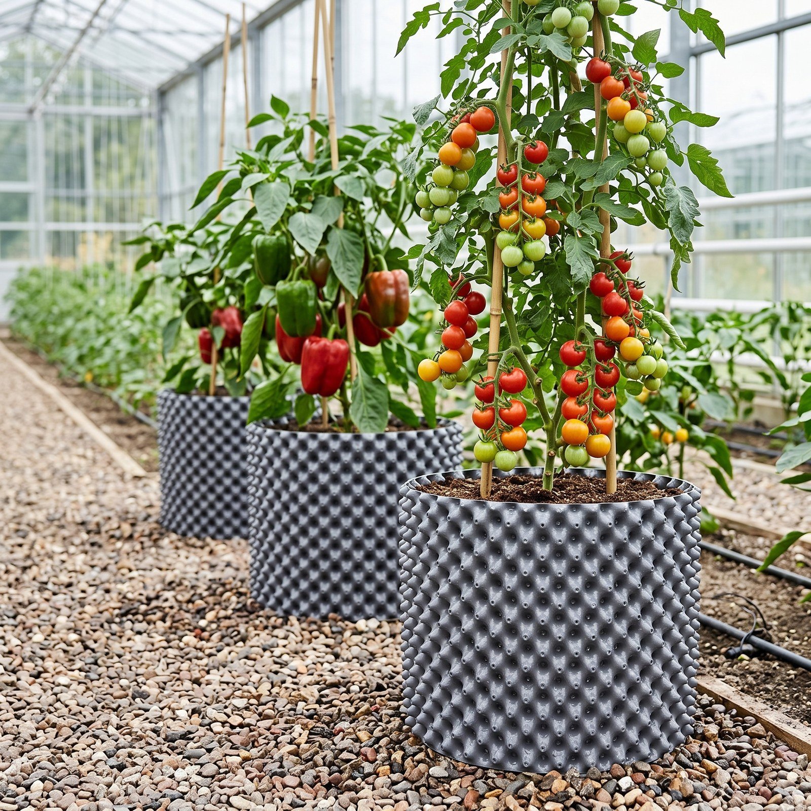Materas Spacepot de 83 litros con tomates y pimentones en un invernadero