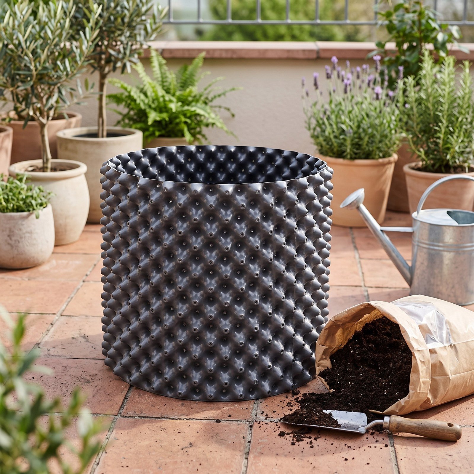 Matera Spacepot de 83 litros llenándose de sustrato en un patio con plantas