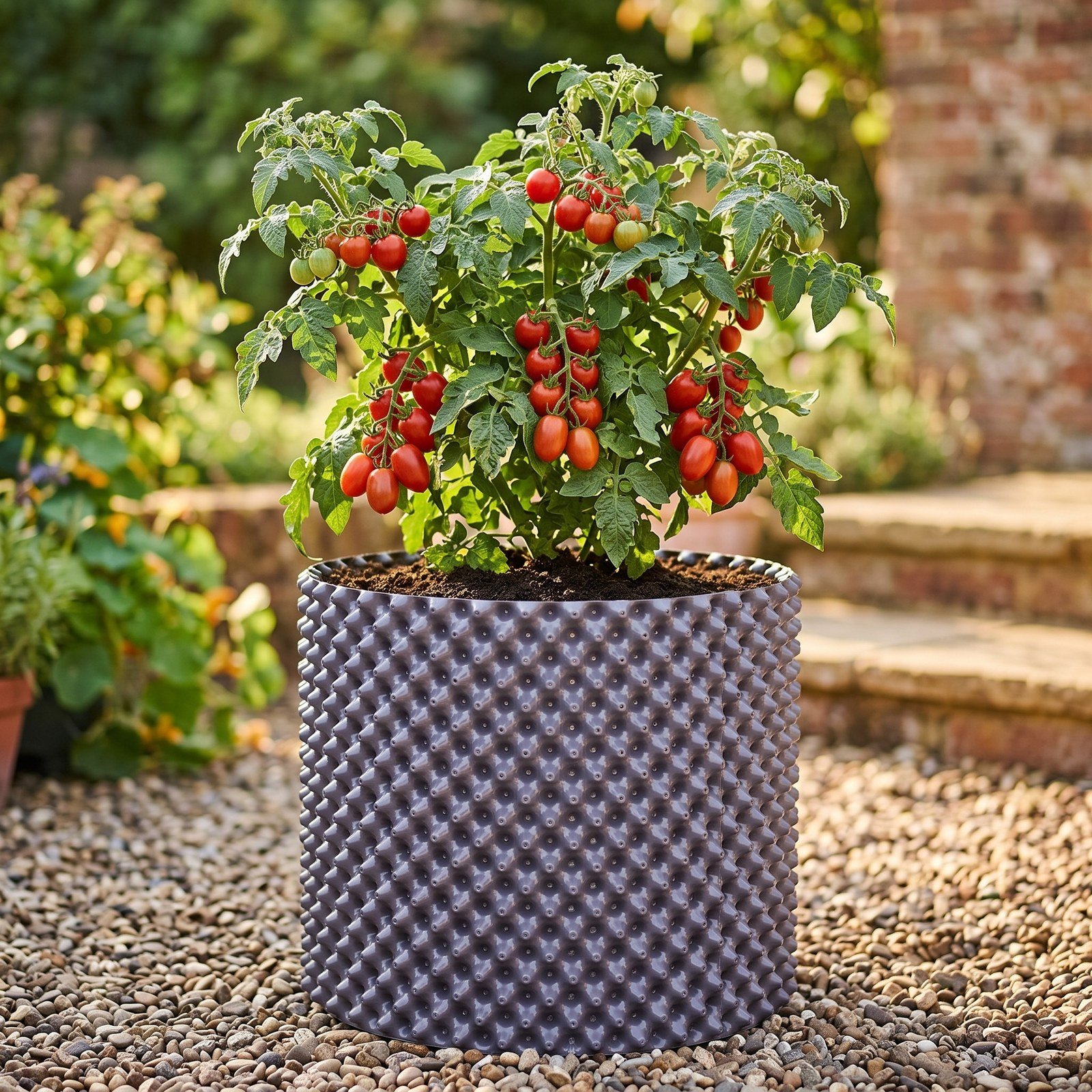 Matera Spacepot de 83 litros con una planta de tomate en una terraza