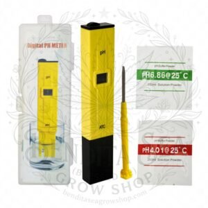 Medidor de pH digital amarillo tipo bolígrafo, vista de frente