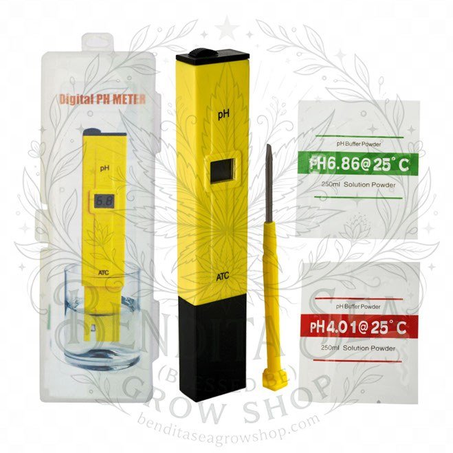 Medidor de pH digital amarillo tipo bolígrafo, vista de frente