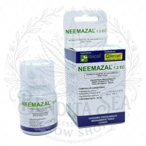 Frasco y caja de insecticida NeemAzal 1.2 EC de 30 ml, vista de frente