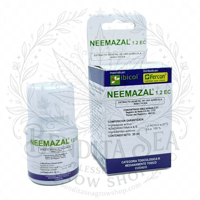 Frasco y caja de insecticida NeemAzal 1.2 EC de 30 ml, vista de frente